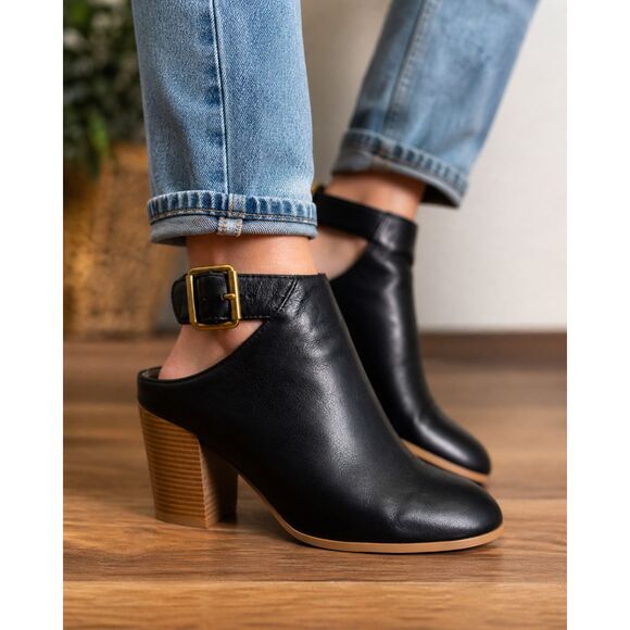 Qupid Shoes - Qupid Black Ankle Strap Mules Size 10 Block Heel 3” Buckle Slip On Chic